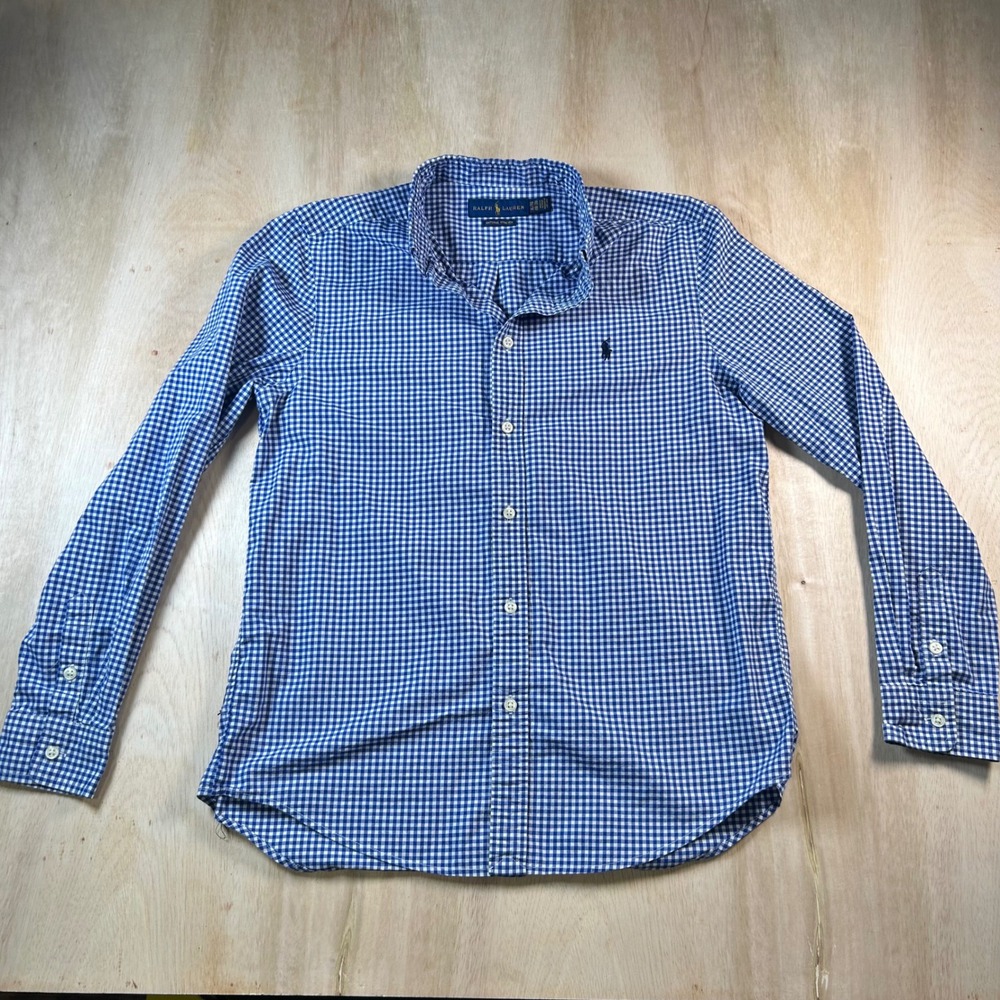 Ralph Lauren Boys XL 18-20 Blue Gingham Button Down Shirt Natural Stretch Pony